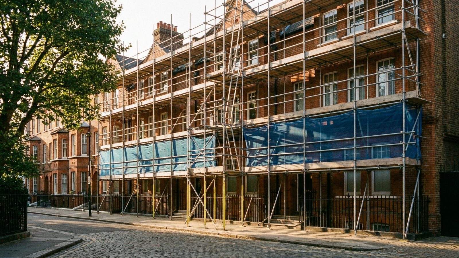 Red-brick Hampstead period terrace clad in tube-and-fitting access scaffolding at golden hour