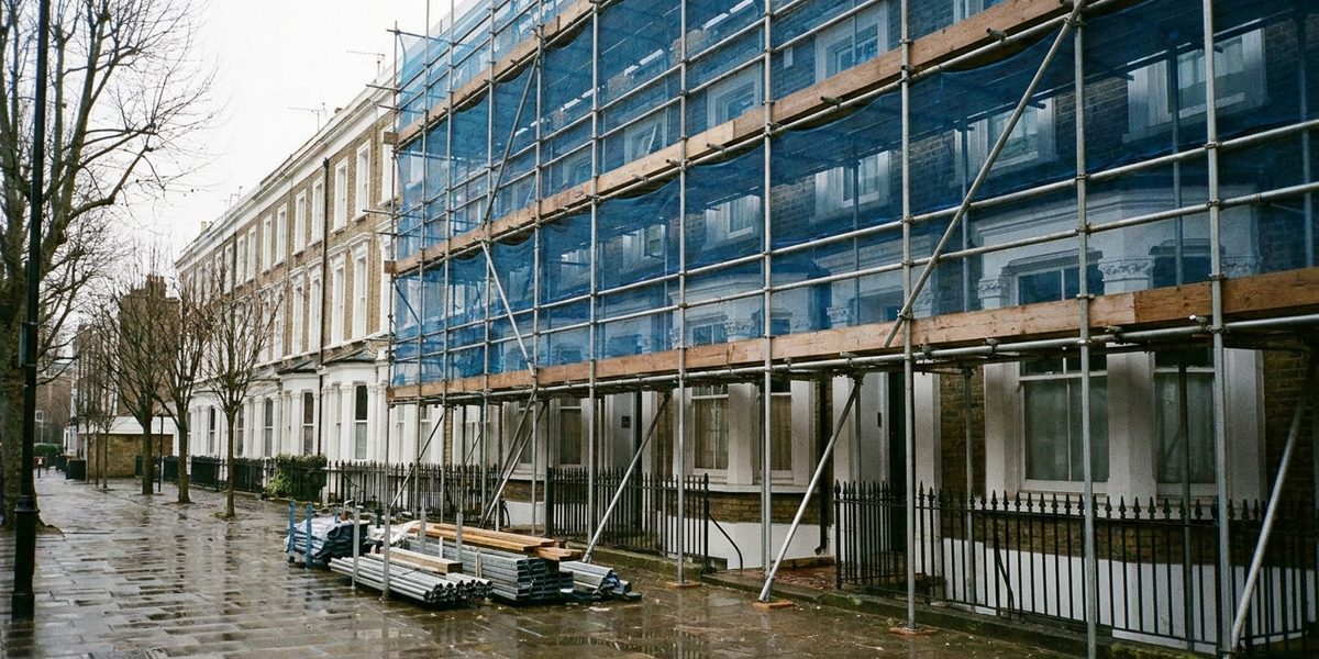 Row of London terraced houses under refurbishment scaffolding
