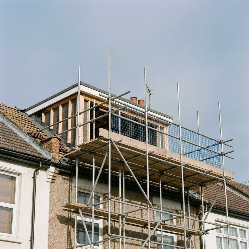 Dormer loft on a London terrace with an eaves-height re-roofing scaffold