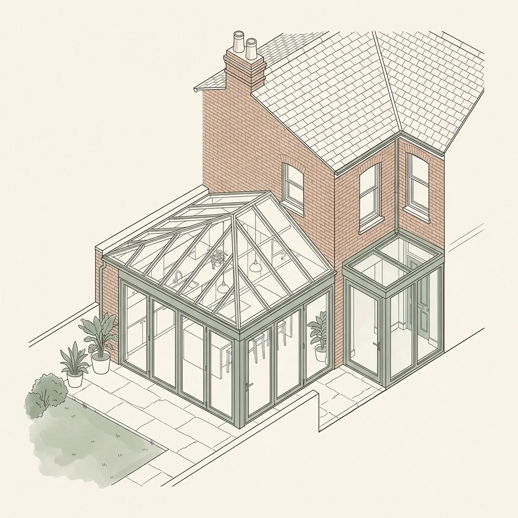 Isometric illustration of a London home extension needing domestic scaffolding